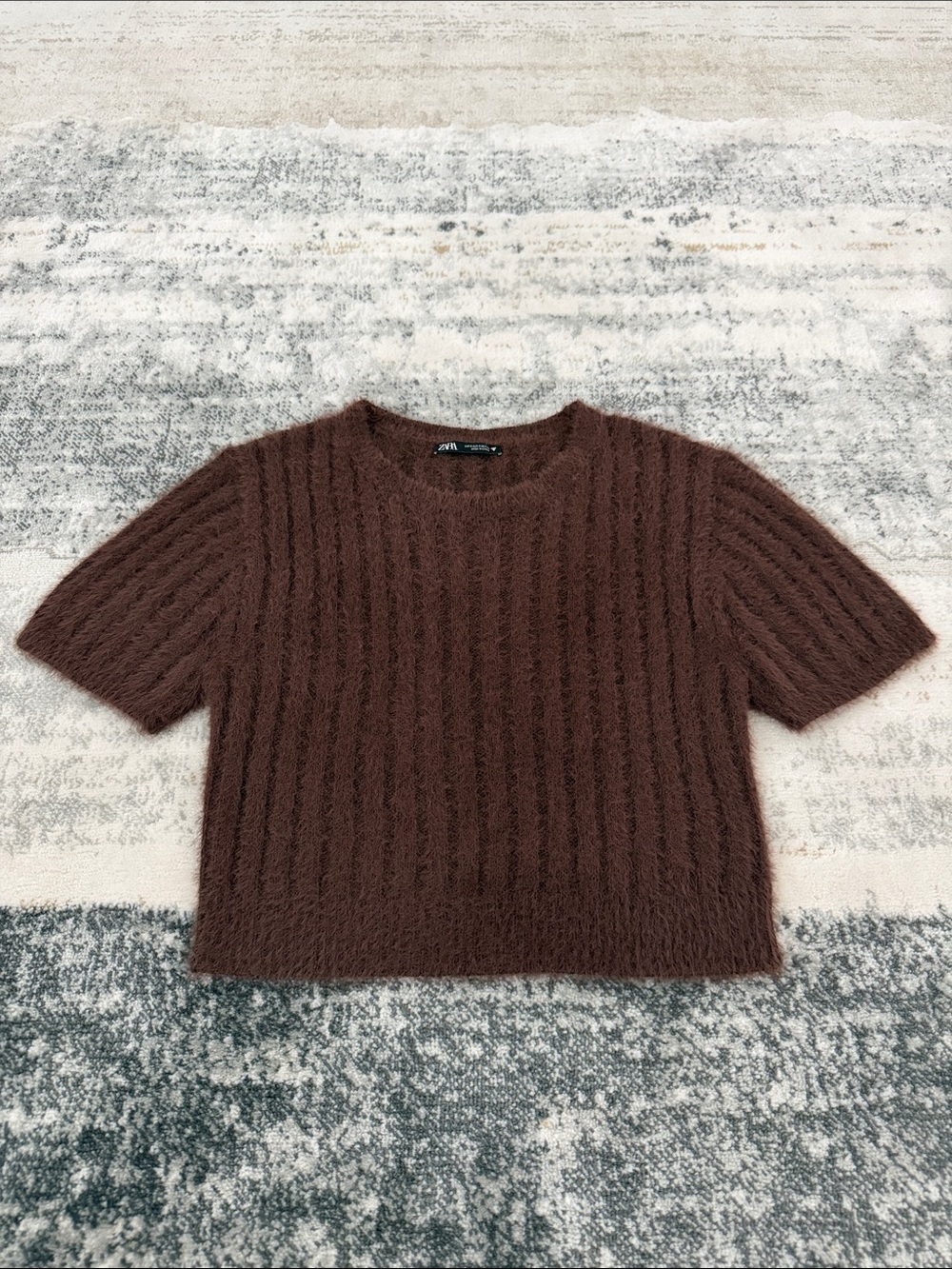 Zara Chocolate Brown Fuzzy Short-Sleeve Ribbed Top